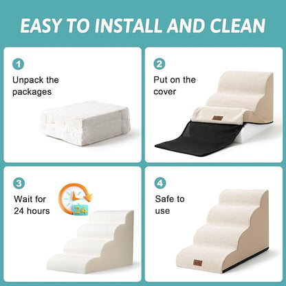 Dog Stairs for Small Dogs 19.7" H, Curved Dog Step for Puppy, Older or Cat, Medium Pet Ramp for Sofa, Couch or Bed, Ladder with High Density Foam, 15.7x28.3x19.7 inch, 4 Step, Beige