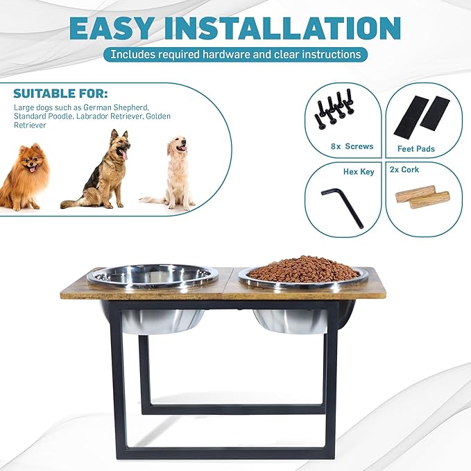 Elevated Dog Bowls for Large &amp; Extra Large Breed Dogs - Raised Dog Feeding Station with Two Stainless Steel Bowls - Helps to Reduce Strain on Dog’s Neck &amp; Joints - 3500 ML Capacity
