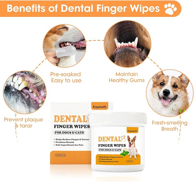 Dog Teeth Cleaning Wipes, Wider Dog Dental Wipes for Teeth, Reduce Plaque &amp; Tartar, Freshen Breath,Safe&amp; Natural Pet Dental Finger Wipes for Dogs Cat, Dog Tooth Wipes Finger,50 Ct, Mint Flavor