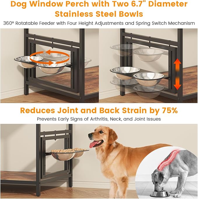Dog Window Perch with 360° &amp; Adjustable Raised Feeder, Pet Bunk Bed with Removable Stair and 2 Drawers, Elevated Platform Bed, Pet Elevated Seat with Cushion, Paw-Friendly Ladder