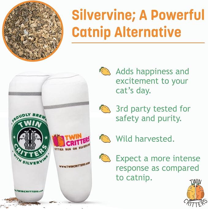 KittiBuzz 2-Pack Organic Silvervine Catnip Substitute Toys for Cats &amp; Kittens | 100% All-Natural Wild Harvested Silvervine | 2 Refillable Coffe Cup Kicker Cat Toys