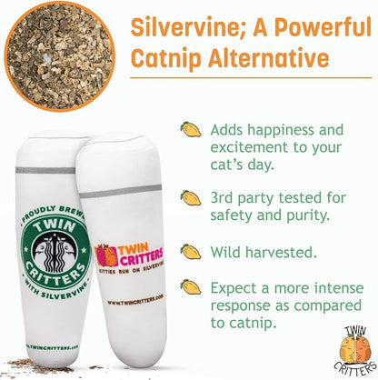 KittiBuzz 2-Pack Organic Silvervine Catnip Substitute Toys for Cats &amp; Kittens | 100% All-Natural Wild Harvested Silvervine | 2 Refillable Coffe Cup Kicker Cat Toys