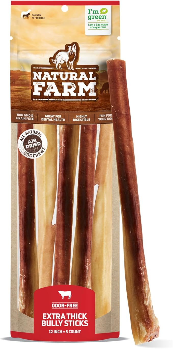 Natural Farm Odor-Free Thick Bully Sticks (12”, 5-Pack) All-Natural Long-Lasting Dog Chews, 100% Beef Pizzle, Grass-Fed, Grain-Free, Protein for Muscle Development &amp; Energy, Perfect for Large Dogs