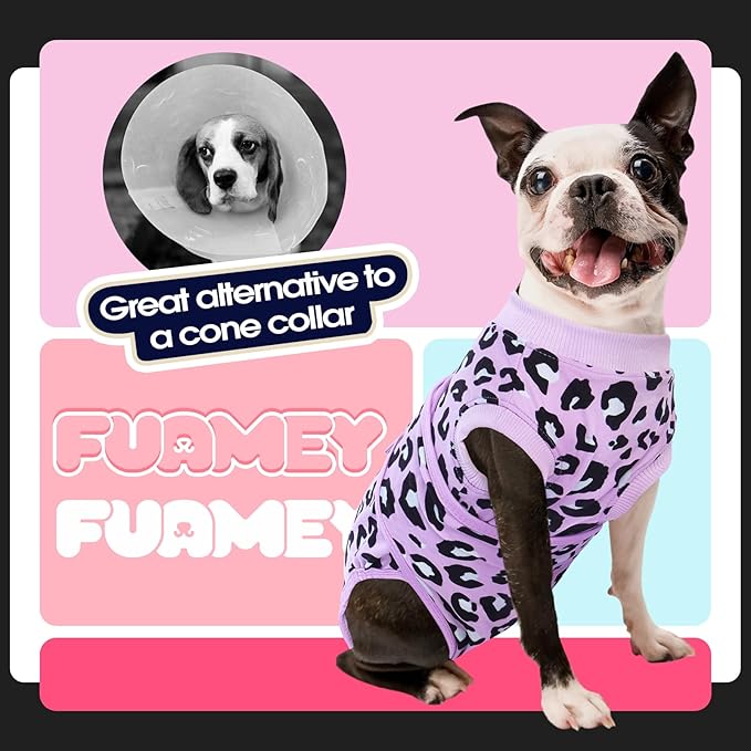 FUAMEY Recovery Suit for Dogs After Surgery,Soft Breathable Dog Bodysuit E-Collar &amp; Cone Alternative Surgical Suit,Male Female Dog Neuter Spay Suits Anti Licking Wounds Onesie Purple Leopard S