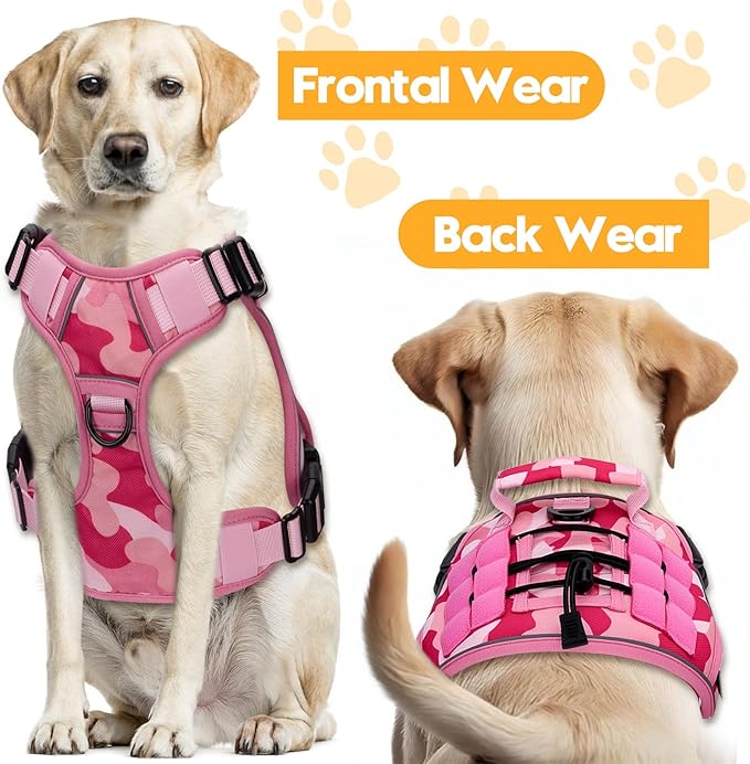 Heavy-Duty Tactical Dog Harness for Large Dogs, No Pull Adjustable Reflective Pet Vest with Molle System, K9 Military-Grade Control for Service Training, Outdoor &amp; 10+ Breeds, Pink Camo, Small