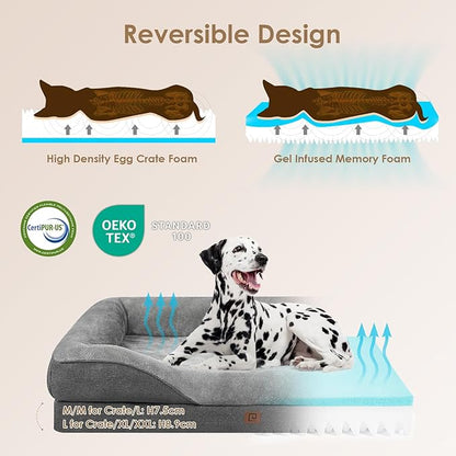 EHEYCIGA Memory Foam XL Dog Bed for XLarge Sized, Extra Large Orthopedic Dog Sofa with Sides and Waterproof Liner, Washable Bolster Pet Bed Couch with Removable Cover, 42x30x7.5 Inch, Grey