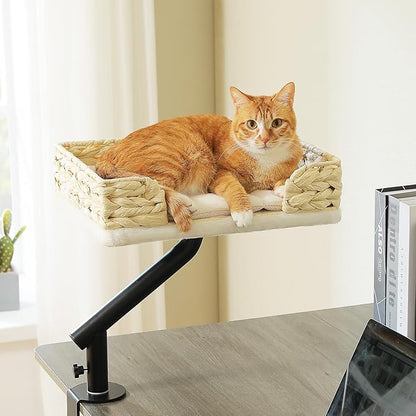 PAWZ Road Cat Desk Bed for Indoor Cats, Wicker Cat Bed for Desk Supports Up to 50 lbs, 360° Rotation &amp; Adjustable Soft Plush Cats Hammock for Desktop, White