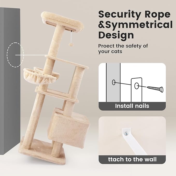 Gardner Pet 65in Heavy Duty Cat Tree Tower for Large Cats, Multi-Level Cat Furniture with Replaceable Sisal Scratching Post, Hammock | Extra-Large Platform &amp; Condo (Upgraded Beige)