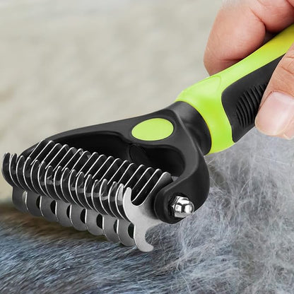 Pet Grooming Tool - 2 Sided Undercoat Rake for Cats and Dogs - Safe Dematting Comb for Easy Mats &amp; Tangles Removing - No More Nasty Shedding and Flying Hair
