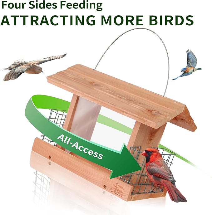 Solution4Patio US Cedar Hopper Bird Feeder for Outdoors Hanging, Handcrafted Wood Double Suet Cage &amp; Clear View Windows, Squirrel-Proof Wild Bird Feeder for Cardinals, Finches, Chickadees