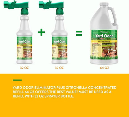 NaturVet – Yard Odor Eliminator Plus Citronella Spray – Eliminate Stool and Urine Odors from Lawn and Yard – Designed for Use on Grass, Patios, Gravel, Concrete &amp; More – 64oz Refill (No Hose Nozzle)