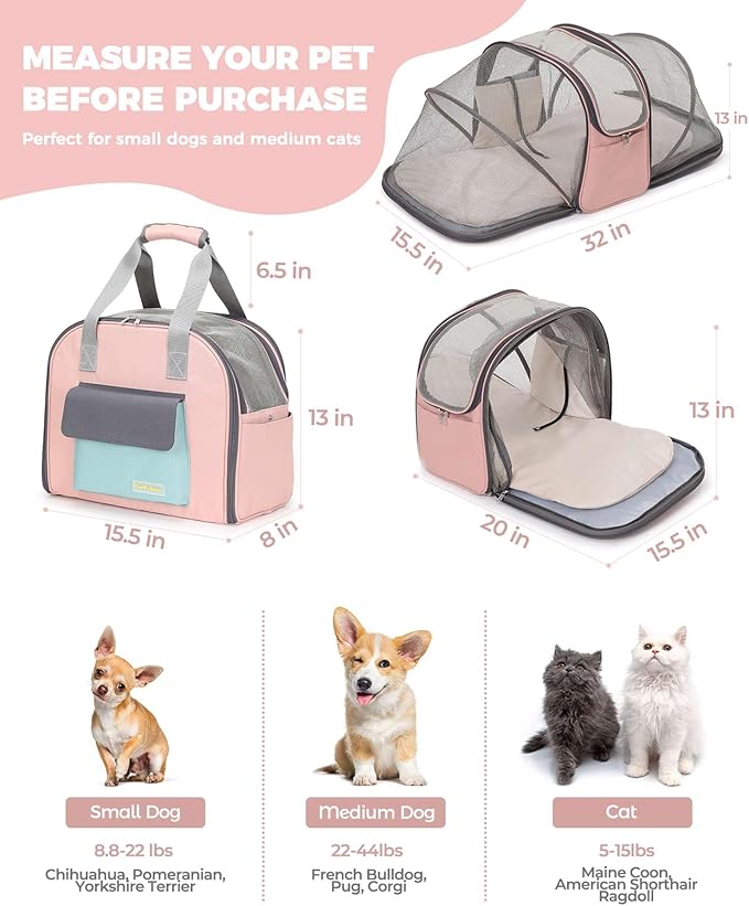 Expandable Pet Carrier Backpack, Cat Carrier Backpacks with Breathable Mesh for Cats Small Dogs Puppies Up to 25 Lbs Airline Approved Waterproof Travel Carrier with Safety Buckle for Hiking &amp; Flights
