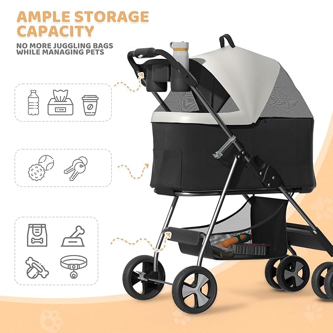 Magshion Foldable Pet Stroller, 3-in-1 Dog Travel Jogger with Detachable Carrier, Cup Holder, Storage Basket, Folding Carrier for Small/Medium Dogs &amp; Cats Up to 33 lbs, Black