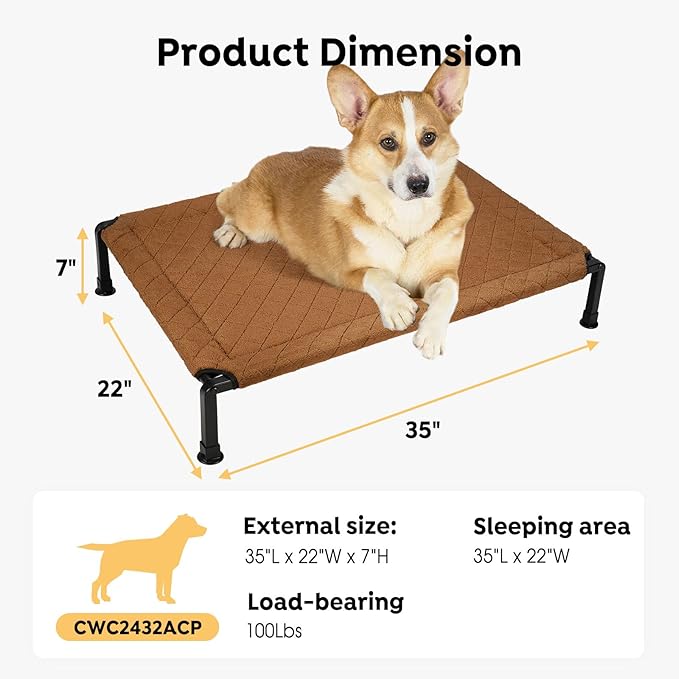Veehoo Soft Plush Elevated Dog Bed, Raised Dog Beds with Heavy Duty Frame, Non-Slip Silicon Feet, Washable &amp; Breathable Pet Cot for Indoor or Outdoor Use, 35" x 22", Brown, CWC2432A