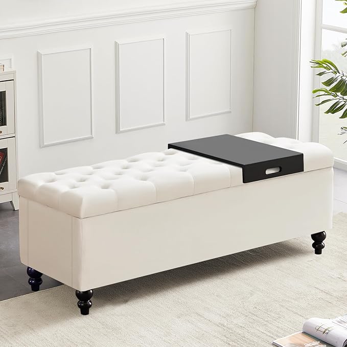Ottoman with Storage,50.2-inch Upholstered End of Bed Storage Bench for Bedroom,for The Living Room,for Entryway, with Tray &amp; Button and Safety Hinges,Detachable (White)