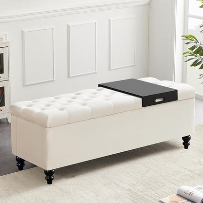 Ottoman with Storage,50.2-inch Upholstered End of Bed Storage Bench for Bedroom,for The Living Room,for Entryway, with Tray &amp; Button and Safety Hinges,Detachable (White)