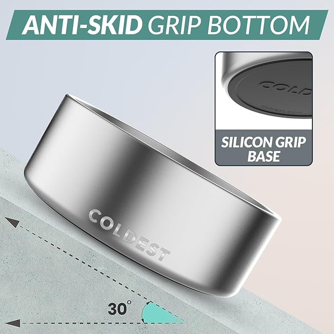 Coldest Dog Bowl - Anti Rust Metal, Non Slip, 3 Layers Insulated Stainless Steel Dog Bowls - Spill Proof &amp; Heavy Duty - Water Bowl for Dogs, Cats, Dish Washer Safe (64 oz, Polished Stainless Steel)