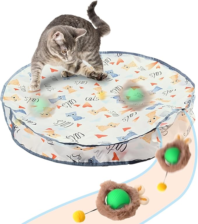Rocfish Interactive Cat Toys Ball - Automatic Fast Rolling Ball in Play Mat, Hide and Seek Mouse Catching Game, Low-Noise Cat Enrichment Toys in Pouch for Indoor Bored Cats (Green Toy &amp; Round Mat)