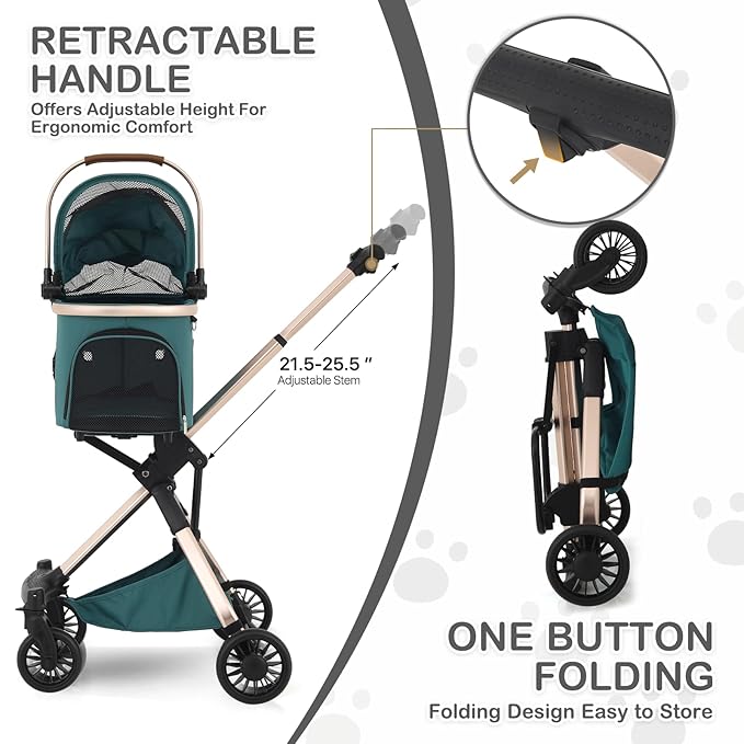 MoNiBloom 3 in 1 Pet Stroller with Adjustable Handle, Jogging Stroller w/Detachable Carrier &amp; Lightweight Aluminum Frame for Dogs Cats, Hunter Green