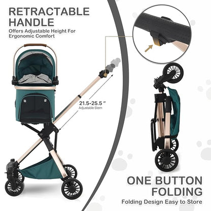 MoNiBloom 3 in 1 Pet Stroller with Adjustable Handle, Jogging Stroller w/Detachable Carrier &amp; Lightweight Aluminum Frame for Dogs Cats, Hunter Green