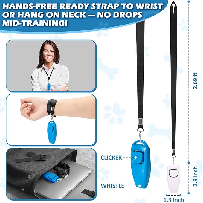 2-in-1 Dog Training Clicker Whistle for Training and Recall, Training Accessories for Puppy, Cats, Horses &amp; Small Animals - 2 Pack with Lanyard, Reward Your Pets Efficiently(White + Light Blue)