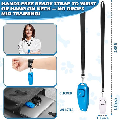 2-in-1 Dog Training Clicker Whistle for Training and Recall, Training Accessories for Puppy, Cats, Horses &amp; Small Animals - 2 Pack with Lanyard, Reward Your Pets Efficiently(White + Light Blue)