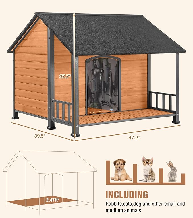 Extra Large Dog House Outdoor for Large Dogs, Insulated Dog House with Metal Frame, Waterproof Dog Shelter with Asphalt Roof, PVC Curtain &amp; Multifunctional Patio, Indoor Outdoor Use
