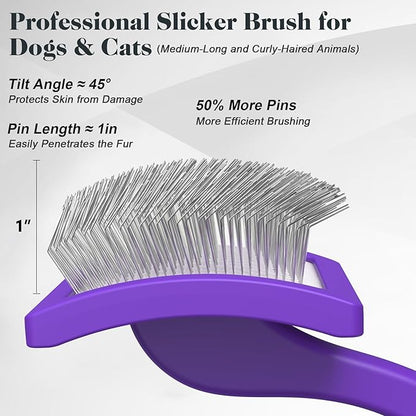2PCS Slicker Brush for Dogs &amp; Pet Comb,Professional Dog Grooming Brush (Goldendoodles,Poodles,Labradoodles) with Extra Long Pins to Effectively Remove Tangles, Knots and Mats (Purple)