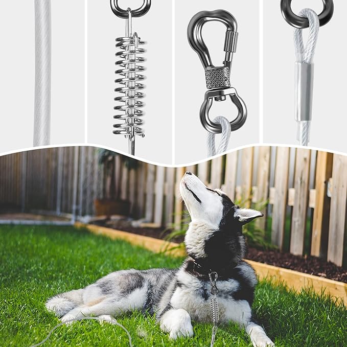 Tresbro 40 FT Dog Tie Out Cable with Spring, Shock Absorbing Tether Chains for Outside Aavilable in 10/15/20/25/30/40/50/70/100/120 FT, Heavy Duty Leads for Yard for Medium &amp; Large Dogs Up to 500 LBS