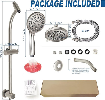High Pressure Handheld/Rain 82-mode 3-way Shower Head Combo with 25.75" Adjustable Drill-free Stainless Steel Slide Bar, Pet &amp; Tub Power Wash and Anti-clog Nozzles, with 5ft Hose - Brush Nickel