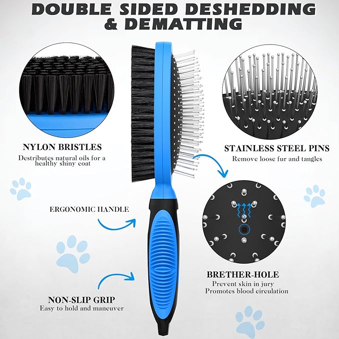 2PCS Pet Grooming Tools - Double-Sided Brush for Shedding and Bathing, Suitable for Short/Long Haired Dogs Cats and Horses, Deshedding Dog Brush, Mane &amp; Tail Combs for Horses - Pet Supplies (Blue)