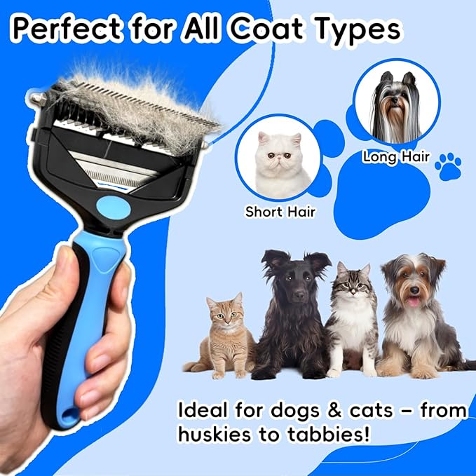 3-in-1 Pet Deshedding Tool – Grooming Brush for Dogs &amp; Cats with Undercoat Rake &amp; Dematting Comb (Blue)