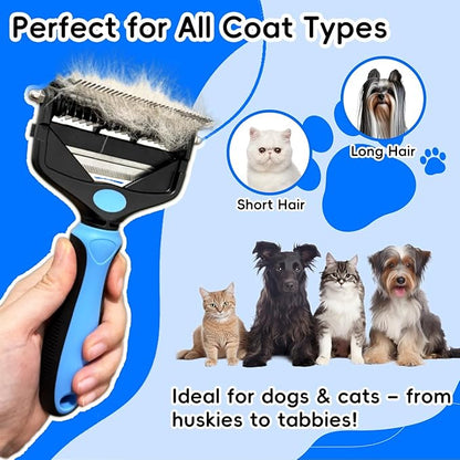 3-in-1 Pet Deshedding Tool – Grooming Brush for Dogs &amp; Cats with Undercoat Rake &amp; Dematting Comb (Blue)