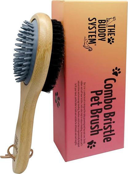 The Buddy System Combo Bristle Pet Brush, 2-in-1 Brush, Durable Rubber Side and Soft Boar Bristle Side - All Pets and Coat Lengths - Top Coat Massage for Cats &amp; Dogs - 1 Pack