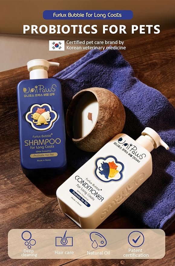 Unipaws Biotin Shampoo &amp; Conditioner Set for Long-Haired Dog – Detangling, Deshedding, Thicking Hair for Senzitive Skin Healthy, Lustrous Fur – Medicated &amp; EWG Green, Made in Korea, 2×16.9 Fl Oz