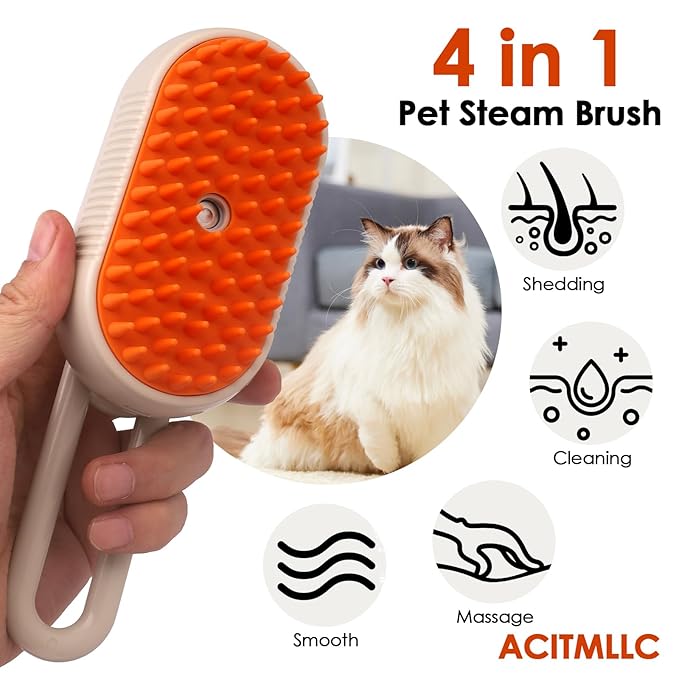 Cat Steam Brush for Shedding &amp; Deshedding - 4-in-1 USB Rechargeable Pet Hair Removal Comb with Water Tank, for Indoor Long/Short Haired Cats &amp; Dogs, Grooming Massage &amp; Cleaning (Khaki)
