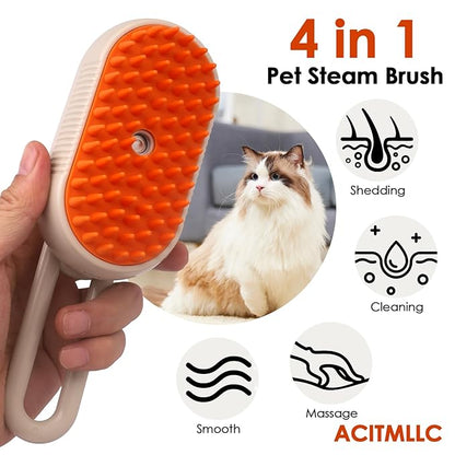 Cat Steam Brush for Shedding &amp; Deshedding - 4-in-1 USB Rechargeable Pet Hair Removal Comb with Water Tank, for Indoor Long/Short Haired Cats &amp; Dogs, Grooming Massage &amp; Cleaning (Khaki)