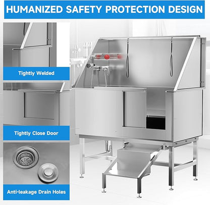 Dog Washing Station 50" Dog Grooming Tub with Right Stair&amp; Faucet, Stainless Steel Dog Bathing Station for Home,Dog Bathtub for Large,Medium,Small Pets