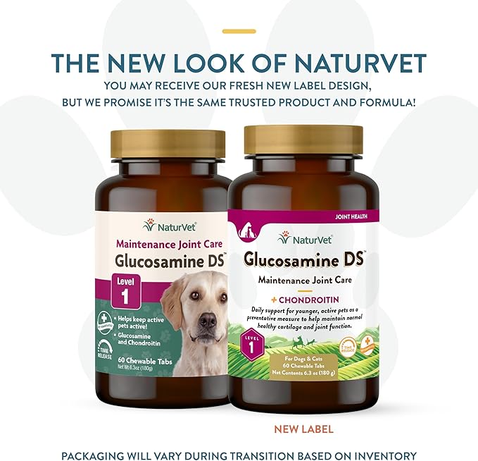 NaturVet Glucosamine DS Level 1 Maintenance Care Hip &amp; Joint Support Pet Supplement for Dogs &amp; Cats –Glucosamine, Chondroitin, Antioxidants –Supports Cartilage, Joint Function – 60 Ct.