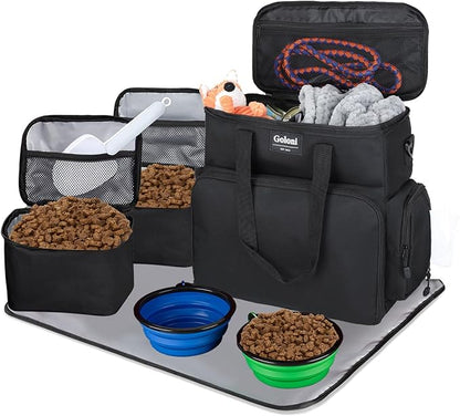 Dog Travel Bag Airline Approved–Pet Travel Tote with Collapsible Bowls,Food Containers &amp; Feeding Mat–Multi-Pocket Organizer for Dogs &amp; Cats, Durable &amp; Water-Resistant for Hiking,Trips,Outdoors