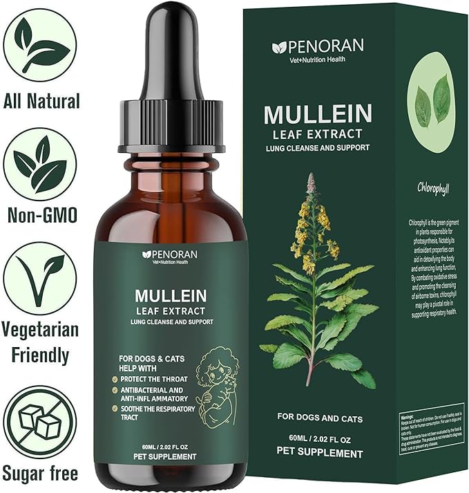 Pet Mullein Leaf Extract Drops for Dogs &amp; Cats Hoarseness, Cough, Easy Breathing, Lung Cleanse and Support, Better Lungs, Soothes Throat Discomfort - ﻿100% Natural and Efficient ﻿ ﻿