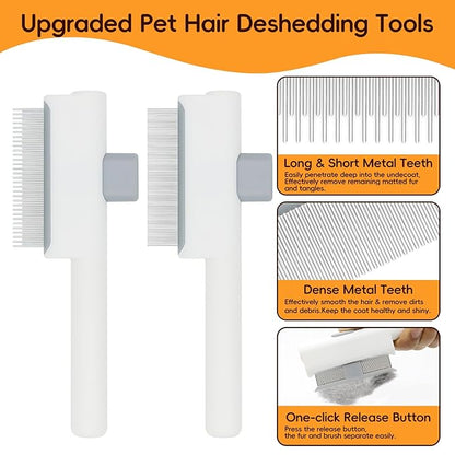 Deshedding Brush with Metal Comb for Detangling and Dematting Long, Flea Comb Cat Combs with Long &amp; Short Stainless Steel Teeth, Matted Fur on Cats and Dogs (3 Pack)