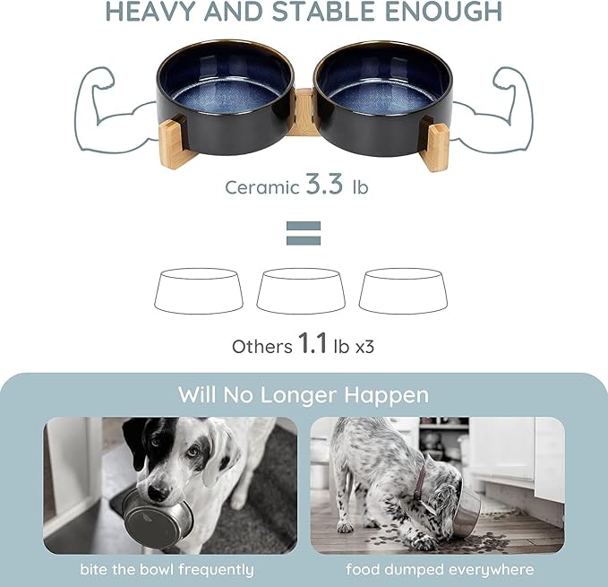 SPUNKYJUNKY Ceramic Dog and Cat Bowl Set with Wooden Stand, Modern Cute Weighted Food Water Set for Small Size Dogs (13.5OZ) &amp; Medium Sized Dogs (28.7OZ) &amp; Cats (1.7 Cups, 2 × Starry Blue)