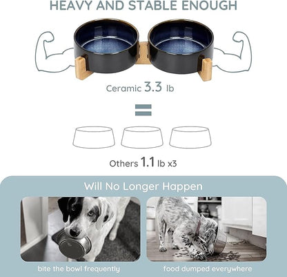 SPUNKYJUNKY Ceramic Dog and Cat Bowl Set with Wooden Stand, Modern Cute Weighted Food Water Set for Small Size Dogs (13.5OZ) &amp; Medium Sized Dogs (28.7OZ) &amp; Cats (1.7 Cups, 2 × Starry Blue)