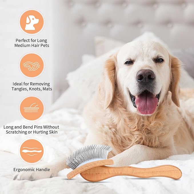 Dog Slicker Brush for Shedding and Grooming Medium or Long Haired Cats, Extra Long &amp; Soft Pin Slicker Brush for Removes Loose Hair, Tangles, Knots, Undercoat, Free Pet Comb, Large, Oak