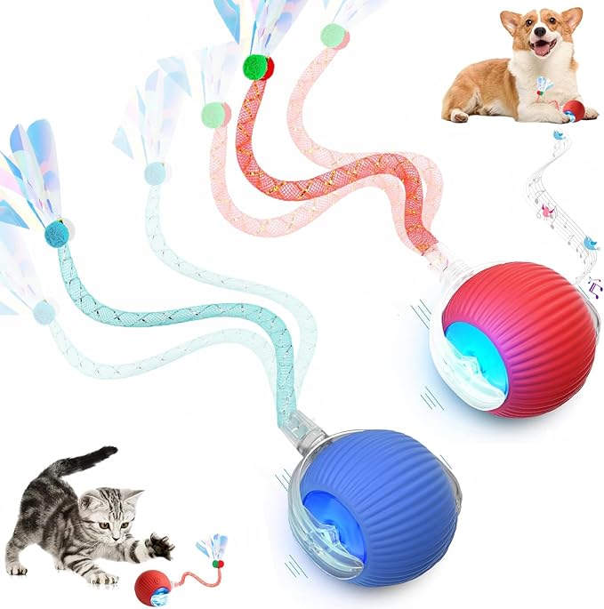 2 Packs Speed 2.0 Tail Interactive Cat Toys for Indoor Cats, Chirping &amp; Motion Activate Cat Toy, Smart Kitten Rolling Ball Moving Ball Toys, Rechargeable Dog Cats Bal l for Enrichment Exercise