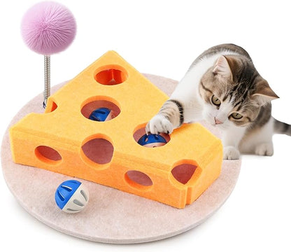 Interactive Cat Puzzle Toy for Indoor Cats &amp; Kittens - Fun Track Balls &amp; Spring Teaser in Stimulating Felt Puzzle Box (Yellow) - Mental Enrichment Game