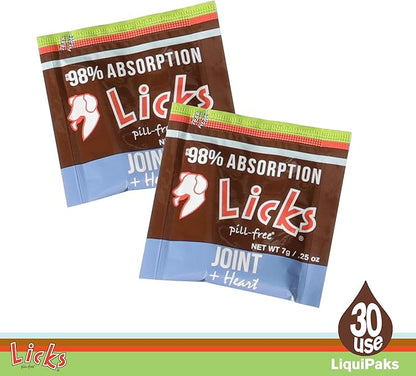 Licks Pill-Free Dog Joint and Heart - Glucosamine &amp; Omega 3 Fish Oil Supplement for Dogs - Inflammation Supplements for Joint Support - Gel Packets - 30 Use