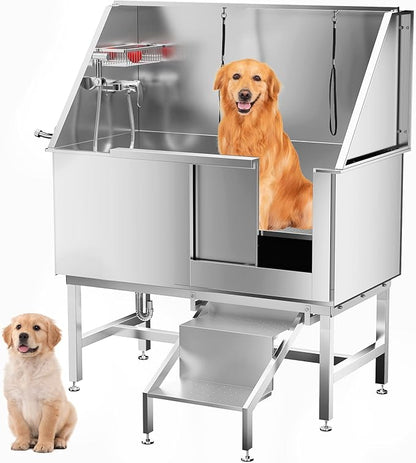 Dog Washing Station 50" Dog Grooming Tub with Right Stair&amp; Faucet, Stainless Steel Dog Bathing Station for Home,Dog Bathtub for Large,Medium,Small Pets