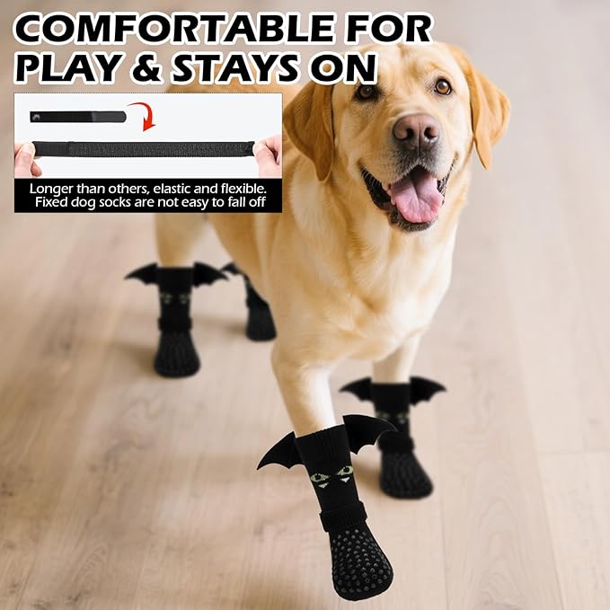 EXPAWLORER Halloween Anti Slip Dog Socks to Prevent Licking Paws, Boots &amp; Paw Protectors with Grippers,Doggie Booties for Hardwood Floors for Small Medium Large Senior Dogs Costume Black Devil Wings L